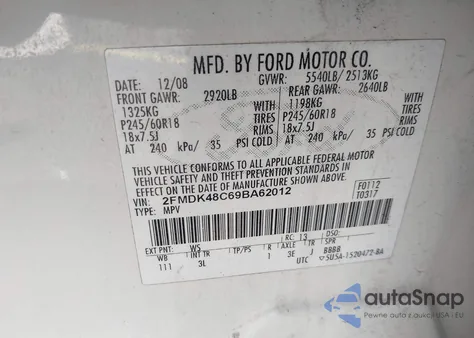 2009 Ford Edge Sel from USA, damaged, VIN 2FMDK48C69BA62012